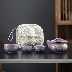 紫汝旅行牡丹茶具 便攜式一壺三盃隨身包套裝旅行茶盃泡茶壺, 1個, 紫汝變色手抓壺一壺三盃刺繡包, 紫汝變色手抓壺一壺三盃刺繡包