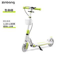 Zinbang 兒童兩輪滑板車 適合6-18歲成人代步, 生命綠 80 110cm可調節 中大童成人可用專用 送置物籃, 1個