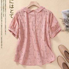 娃娃領襯衫 女生短袖上衣 精緻鏤空提花棉麻衫 涼爽透氣