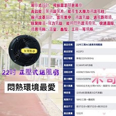 倉庫強力送風22吋三葉渦漩葉片AC產業用增壓扇 - 溫網室換氣/抽風扇首選, 22吋, 22吋