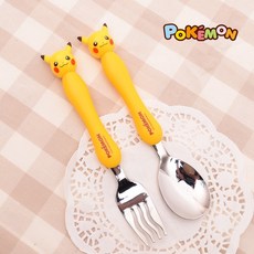 韓國正版 POKEMON 皮卡丘精靈寶可夢不鏽鋼學習筷餐盤組，兒童餐具，左右手適用，可換造型, 1個, 皮卡丘立體湯叉, 黃色
