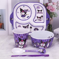 卡通庫洛米兒童餐具可愛家用耐摔防燙分格餐盤喫飯碗勺杯筷盤, 新5寸碗+新款分格盤+庫洛杯+勺+筷, 1個