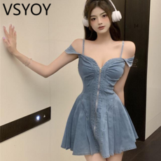vsyoy 새로운 여성 지퍼 데님 슬링 원피스 유행 좋은 여름