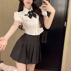 cammello 화이트&블랙 크롭 반팔 교복 세트 코스프레 의상