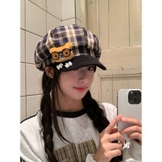 可愛卡通小熊格子八角帽 顯臉小貝雷帽 臺灣出貨, 1個, M（56-58cm）,格紋小熊