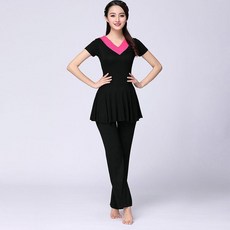 廣場舞服裝短袖裙褲子套裝, 黑玫紅領V領套裝1,3XL