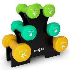 Yes4All 미끄럼 방지 그립이 있는 2.7kg(6파운드) 덤벨 네오프렌 - 전신 운동에 적합 - 총 무게: 5.4kg(12파운드) (2개 세트), 33 lbs (Set with Rack), P. 멀티컬러