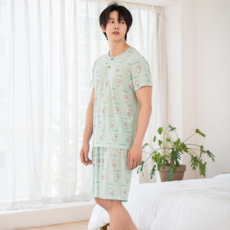 시크나인 남성용 아이스실크 냉감 캐릭터 잠옷 세트 스판 여름 홈웨어 반팔 반바지