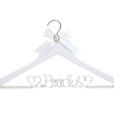 HUIDIAN 화이트 솔리드 우드 신부 드레스 행거 신부 와이어 레터링 신부 웨딩 파티 선물 (화이트 코트 행거 펄 실버 스레드), HUIDIAN 화이트 솔리드 우드 신부 드레스 행거,