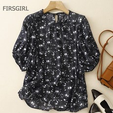 FIRSGIRL 여성 여름 플라워 블라우스 반팔 루즈핏 쉬폰 데일리 셔츠
