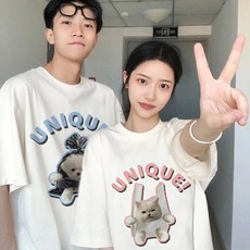 1+1 남녀공용 귀여운 캐릭터 동물 프린트 티셔츠 오버핏 반팔티 커플티 YMP213456
