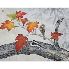 國畫 楓葉麻雀 水墨畫 潑墨畫, 1個