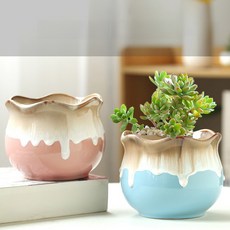 화분 세라믹 다육식물 대형 직경 다공성 소형 신선한 심플 귀여운 식물 녹색 스타일, 26 대형 복주머니 블루 및 핑크 유약 세면대 2개