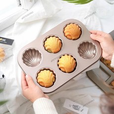 烘焙工具 貝殼造型模具 金色 6連 不沾烤模 烘焙模具 碳鋼 深紋 胖貝殼 烤盤 瑪德蓮模 多連式烤具, 1個, 金色6連深紋貝殼模