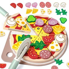Masonbaby 나무 피자 장난감 세트 25피스 커팅 장난감 주방 역할 놀이 액세서리 피자 놀이 세트 만 3-5세 남아 및 여아용 생일 선물, Masonbaby 나무 피자 장난감 세트, 25피스 커