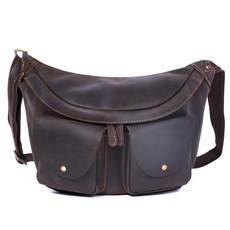 【奧特萊斯】復古英倫風 男士胸包 頭層牛皮 真皮胸前包 男士單肩斜挎包 機車包 手工休閒真皮挎包 男包 男士皮包, 深咖啡