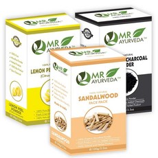 인도정품 MR Ayurveda 100% 유기농 헤나 파우더 화학물질 없음, 백단 + 레몬껍질 + 활성탄, 3개 세트