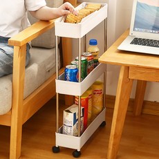 Villertech 틈새수납 트롤리 13cm 냉장고 옆 세탁기 옆 캐스터 후크 바스켓 탄소강 수납 선반, 화이트, 3단