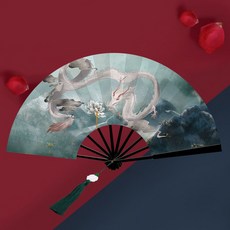 嘉義出貨 國潮摺扇 網紅九尾狐扇子古風流蘇舞蹈扇男生霸氣漢服中國風山海經摺扇女, 9寸白龍化蓮+流蘇, 1個