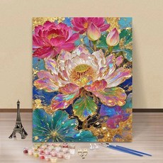 中國風流金荷花 數位油畫 DIY手工填色畫 丙烯顏料繪畫組, F391 30 40單畫布 顏料畫筆, 1個