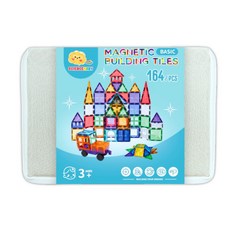 ScienceBaby磁力片 糖果色鑽石小磁片 雪鑽創意積木 球道彩色管道 拼字派對 恐龍樂園 摩天輪, 雪鑽收納盒版164片附贈獨家棉麻硬收納盒, 1個