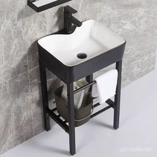 北歐落地式陶瓷洗手盆一體小戶型陽臺衛生間簡約不銹鋼支架洗臉盆, 黑白48*37,黑支架盆+下水配件, 1個