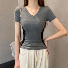 봄 여름 여성 요가복 상의 슬림핏 브이넥 운동 반팔 티셔츠 여자 필라테스 티셔츠 YCY