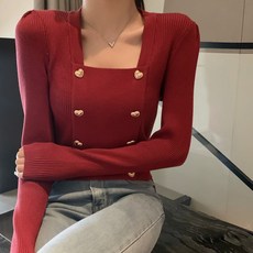 투니스 여성 스퀘어 넥 더블브레스트 긴소매 티셔츠