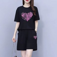 AREVI 여름 여성 트레이닝 세트 빅 사이즈 루즈핏 하트 프린트 반팔 반바지 세트