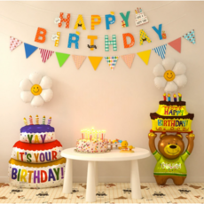 생일 축하해 대형 케이크와 곰돌이 풍선+생일 가랜드 세트(가랜드 선택형), B