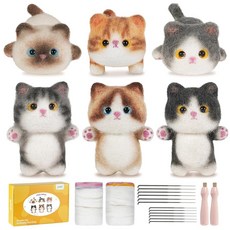 MOREJMTT 바늘 펠팅 키트 지침이 포함된 바늘 펠팅 스타터 키트를 만드는 6피스 고양이 초보 펠팅 키트 바늘 펠팅 키트 초보자 펠팅 키트 6팩 고양이