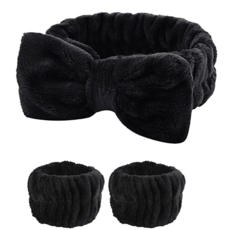 에버픽 극세사 세안 물방지 3종 세트 손목밴드 헤어밴드 리본, 블랙