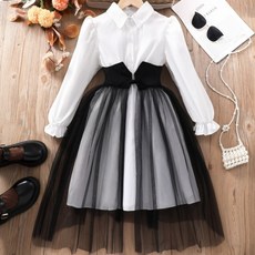 달리아 화이트 원피스 블랙 망사 랩치마 세트 여아 주니어 긴팔원피스