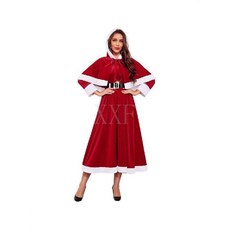 臺灣爆款 聖誕主題女士連帽長裙 節日派對表演服 紅白色帶腰帶聖誕服飾