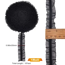 10Yds Organza Ruffled Pleated 레이스 패브릭 트림 리본 1 인치/25mm 블랙 더블 새틴 탄성 스트레치 레이, 01 L, 01 AECH-10008