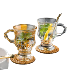 歐式復古玻璃把杯早餐咖啡奶茶飲料杯高顏值網紅琥珀色浮雕小酒杯, 透明, 1個, 150ml