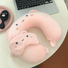 可愛動物造型U型頸枕 附眼罩, U型枕眼罩套裝 粉紅小熊記憶棉可拆洗