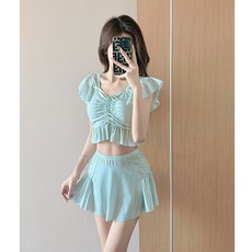甜美格子分體泳衣女 溫泉度假裙式兩件套泳裝