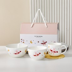 Modern House Animal Hills To The Moon餐碗馬克杯套組+購物袋, 兔子圖案, 小碗+大碗+馬克杯, 1組