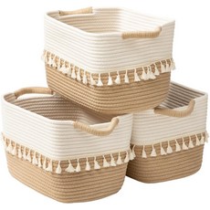 TeoKJ 직조 보관함 3종 세트 보관용 면 로프 바구니 정리용 의류 보호 책 식물 애완동물 간식용 패브릭 화이트 & 황마, White + Jute