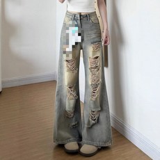 해피유통 여성용 느슨한 핏 찢어진 하이웨스트 플레어 데님 팬츠 캐주얼 봄 가을 여름
