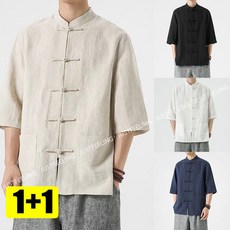 JUSTFEELING 1+1/2벌 남성 반팔 면마셔츠 데일리 빅사이즈 M-5XL 남성복 매듭 단추 린넨 생활한복 개량한복 셔츠 블라우스 상의