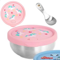 KOM 316不鏽鋼 兒童隔熱碗 附湯匙 角落生物 矽膠蓋 磨砂 不鏽鋼碗 雙層隔熱碗 幼兒園碗 兒童碗 三色碗 王樣, 1個, 獨角獸 / 矽膠蓋不鏽鋼 / 2600