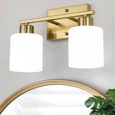 WILON 2 라이트 브러시드 골드 베니티 밀크 화이트 프로스팅 유리 음영이 있는 욕실 조명기구 거울 위의 모던 화장실 거실 침실용 E26 월 스콘스, Brass