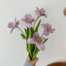油畫風仿真鬱金香花藝裝飾擺設，含高級花瓶, 1個, 綻放鬱金香香芋紫5支