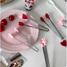 스텐 과자 얼음 디저트 빵 샐러드 하트 미니다용도 스텐집게 홈카페 주방 집게 소형 요리집게 빵집게 캠핑조리도구, 1개, 손가락 핑크