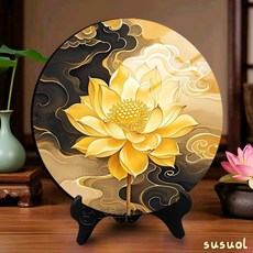 金色蓮花裝飾 圓形相框 國風雲紋 客廳擺件, 1個, PB83508-富麗堂皇,直徑30CM-高檔擺臺（送支架）