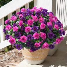 HyeFlora 봄 여름 장식용 인조 야외 꽃 식물 실크 핫핑크 동백나무 자외선 차단 화분 외부 현관 파티오 발코니 대형 번들 3개, 퍼플+푸크시아