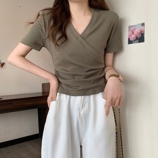 V領交叉短袖T恤 女裝短袖上衣 氣質修身顯瘦