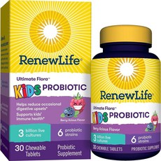 Renew Life Ultimate Flora Kids Probiotic Berry-licious 3 Billion Live Cultures 30 Chewable Tablets, 1개